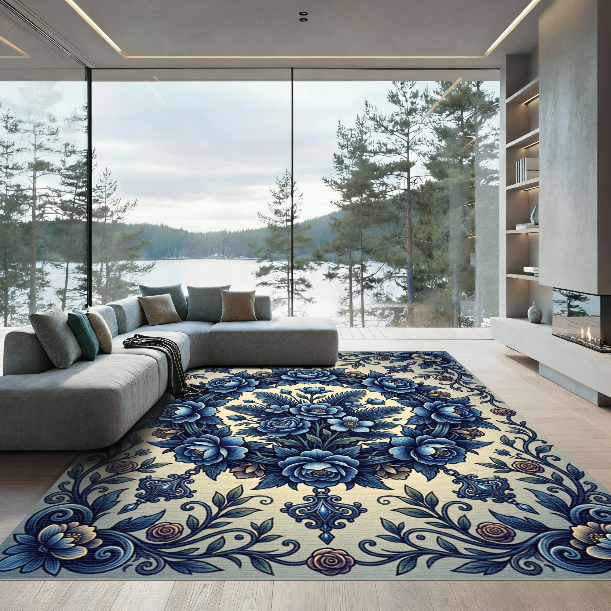 Rich Blue Floral Garland Frame Rug