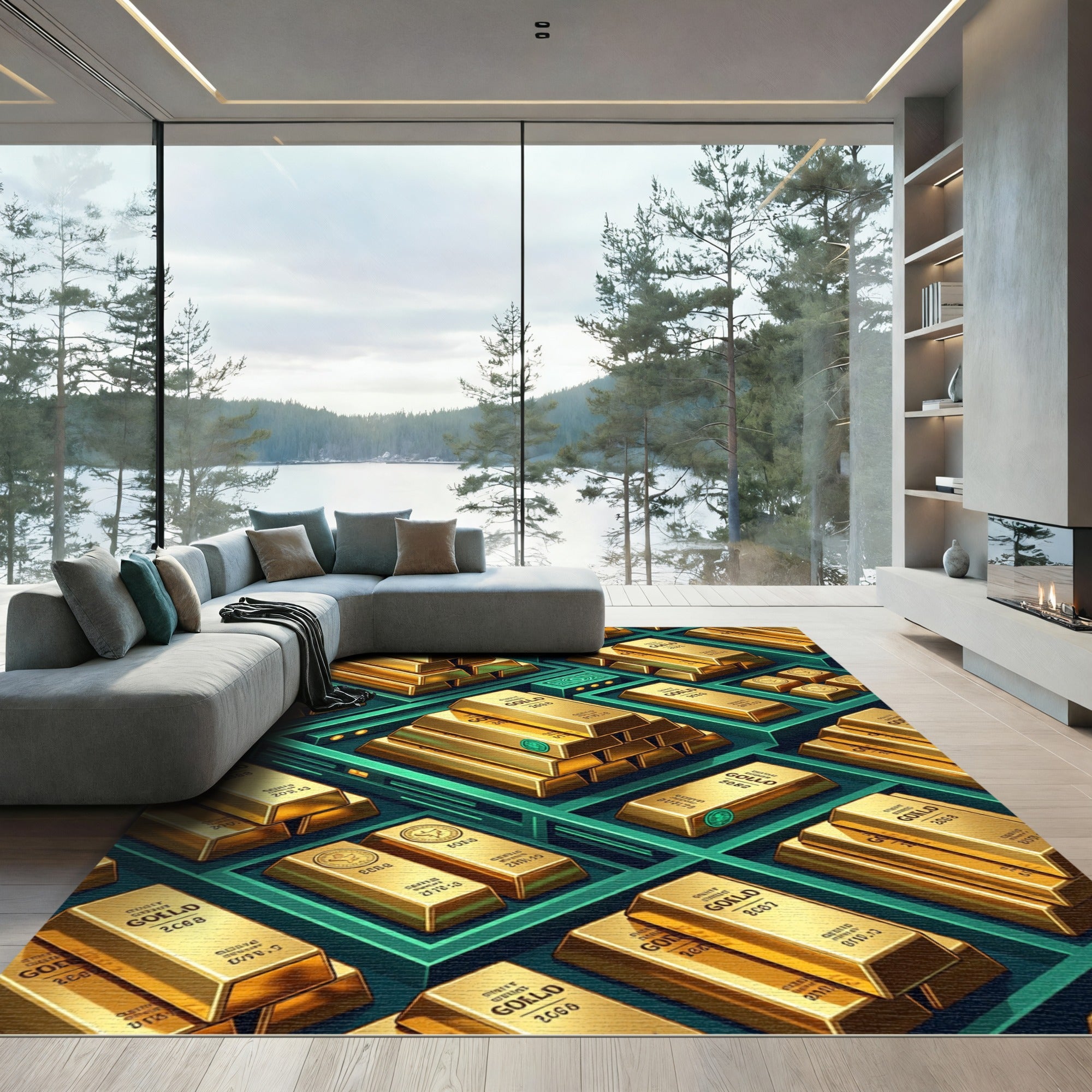 Luxe Metallic Gold Bar Isometric Grid Rug