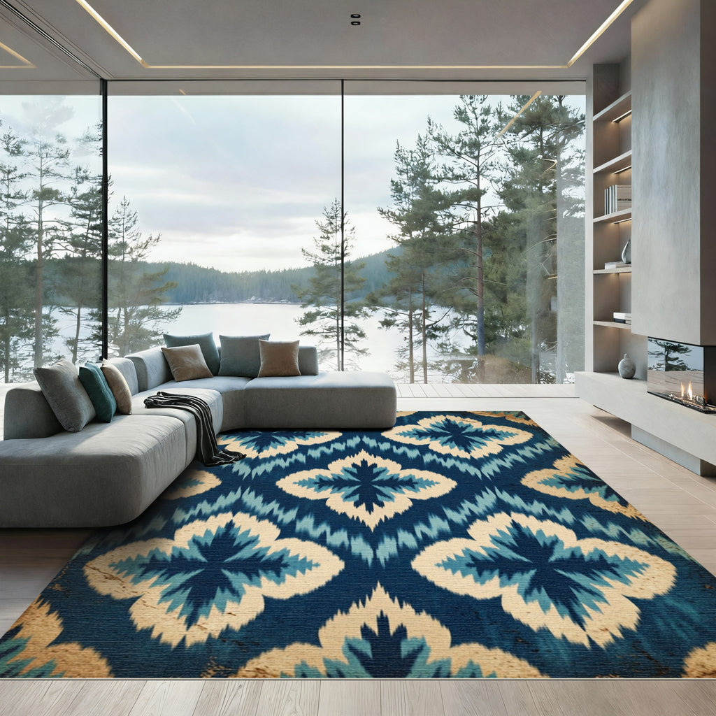 Deep Blue Cream Ikat Blossom Rug