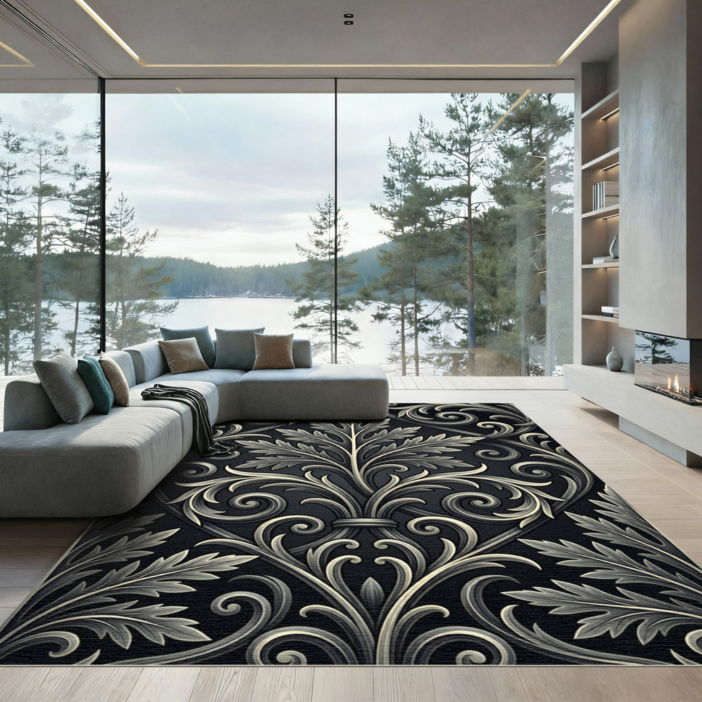 Elegant Silver Acanthus Scroll Relief Rug