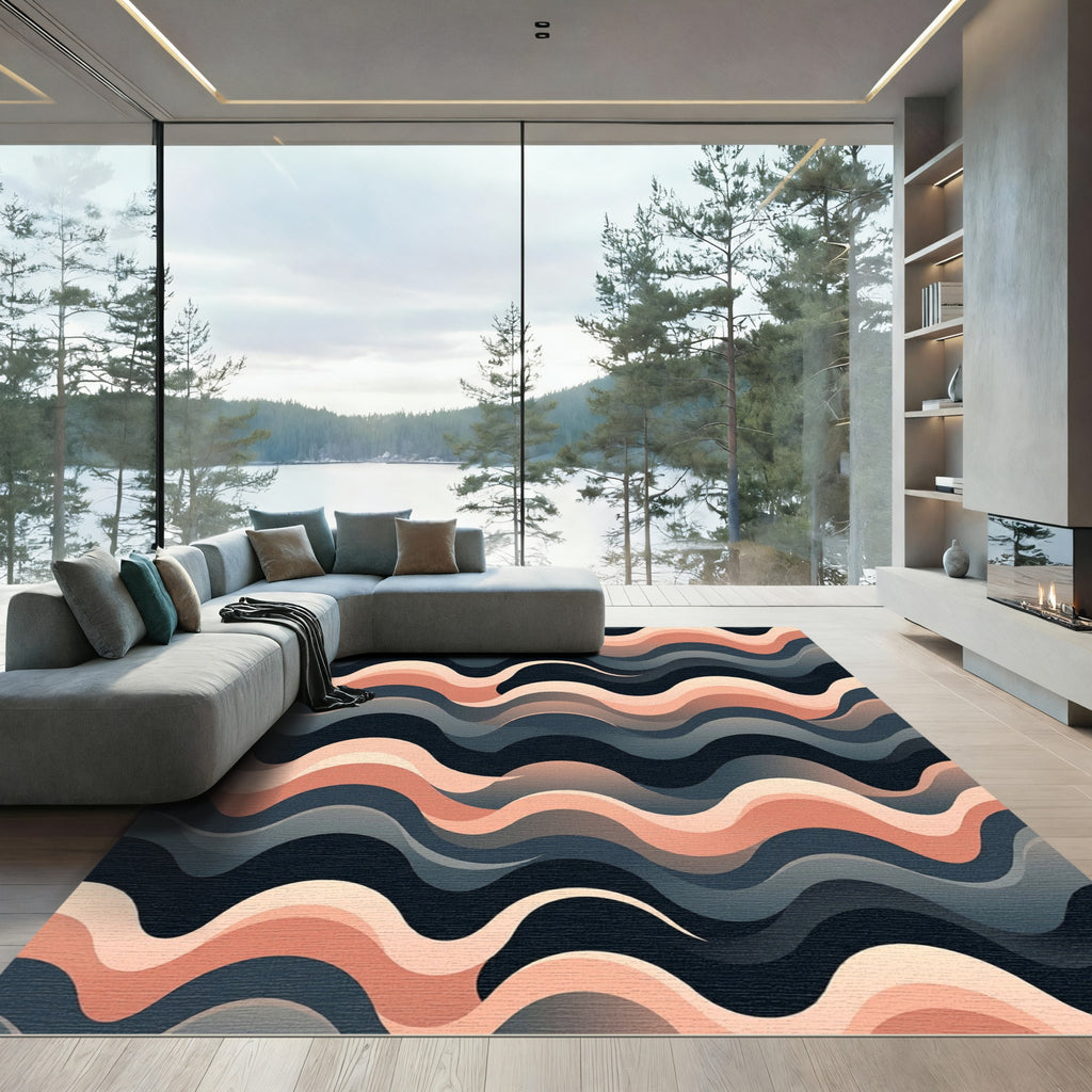 Coral Blush Gradient Wavy Lines Rug