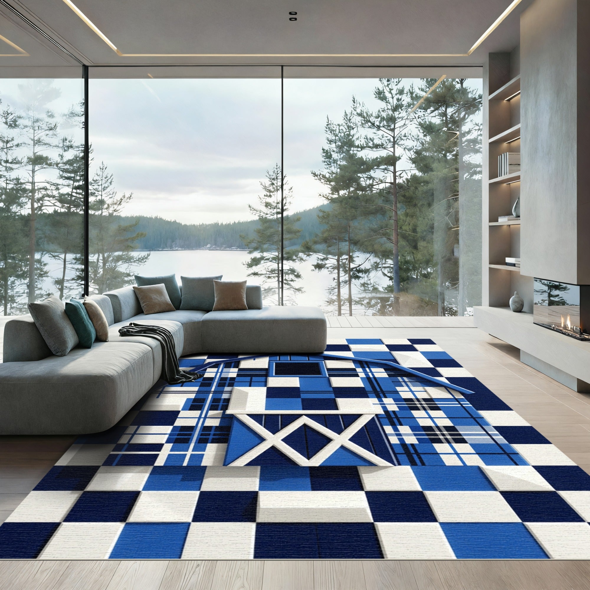 Modern Blue Plaid Checkered Barn Rug