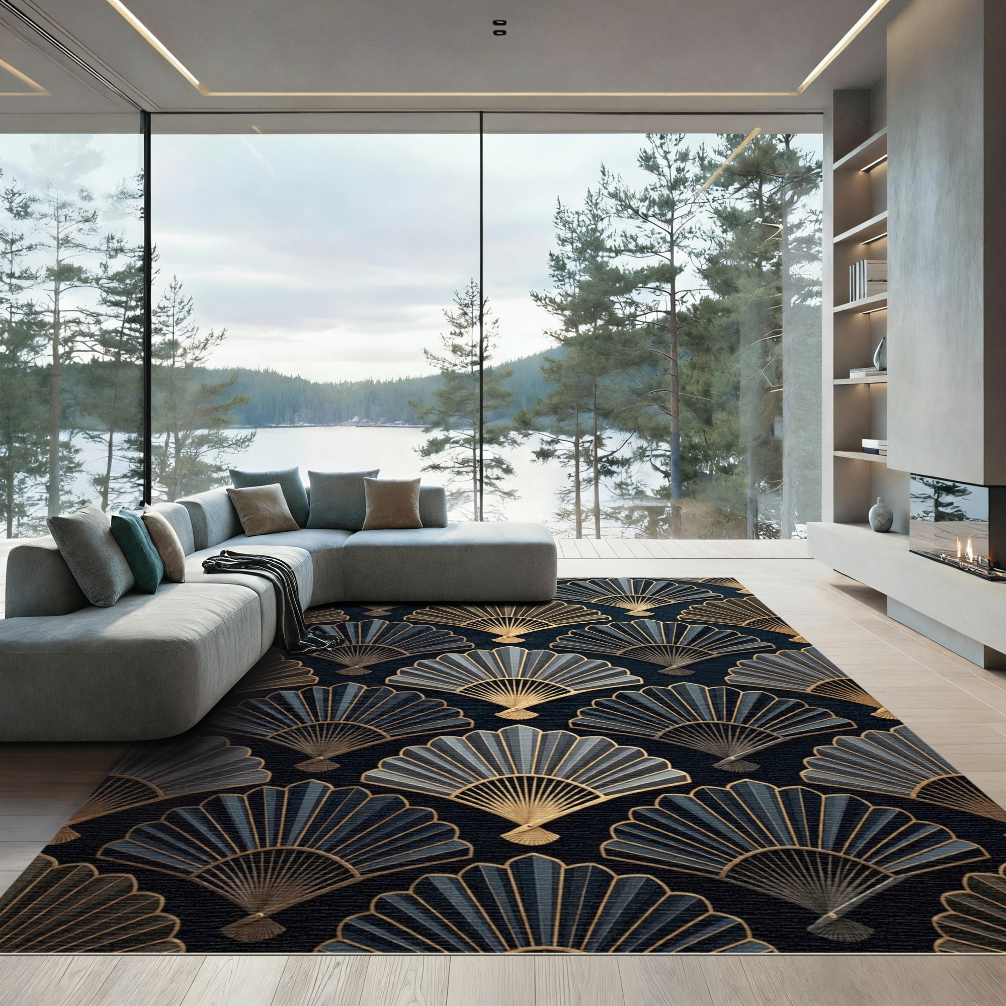 Gold Navy Fan Lattice Rug