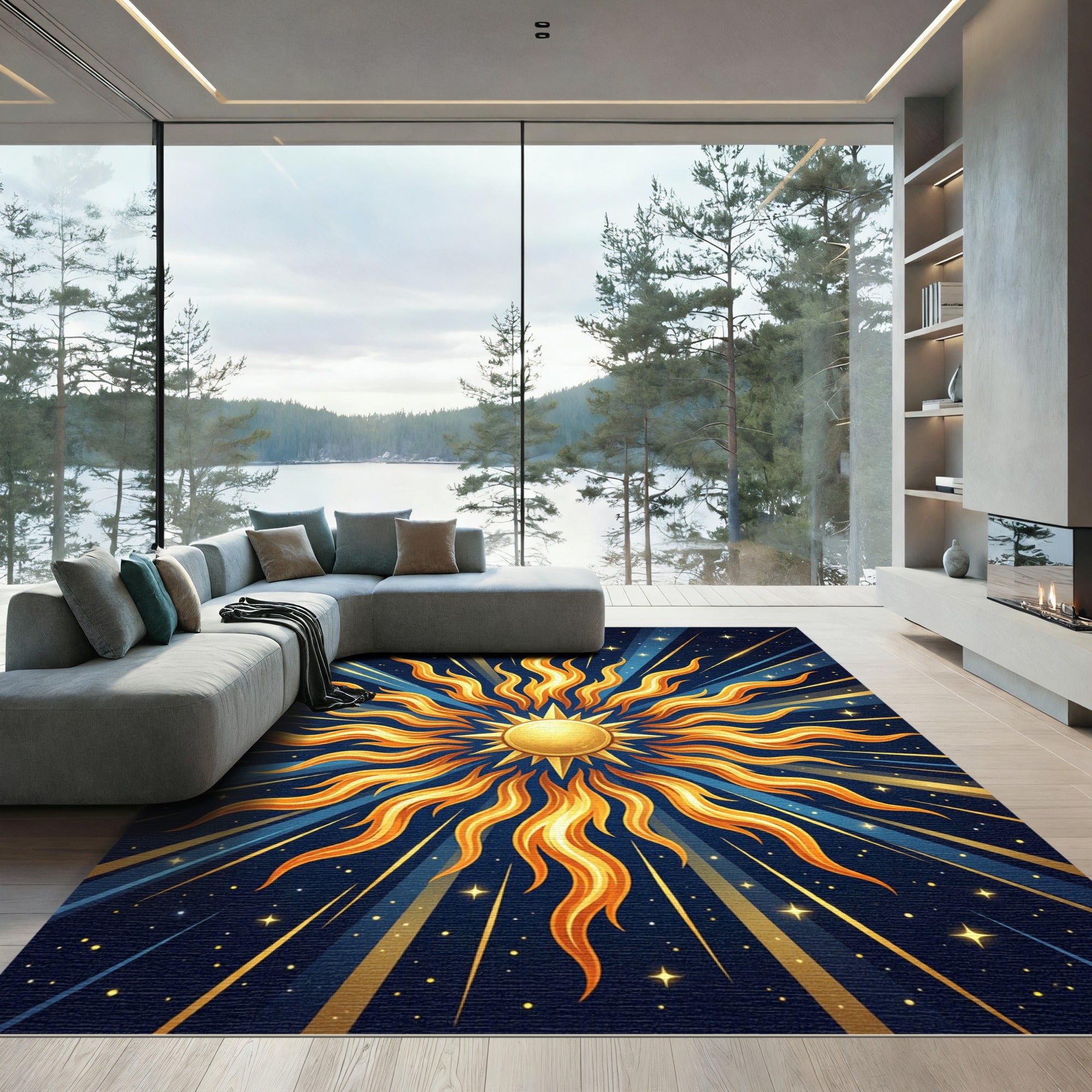 Celestial Golden Sunburst Radiant Sky Rug