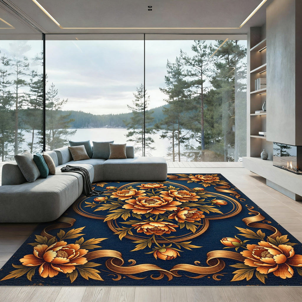 Golden Floral Medallion Ribbon Rug