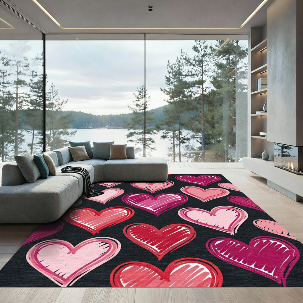 Pink Red Hearts Sketched All Over Rug