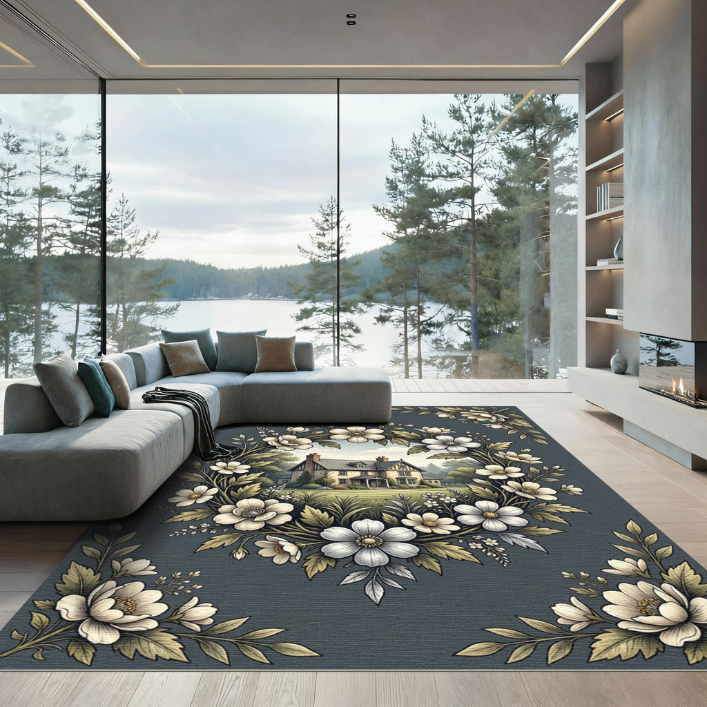 Botanical Wreath House Charcoal Floral Rug