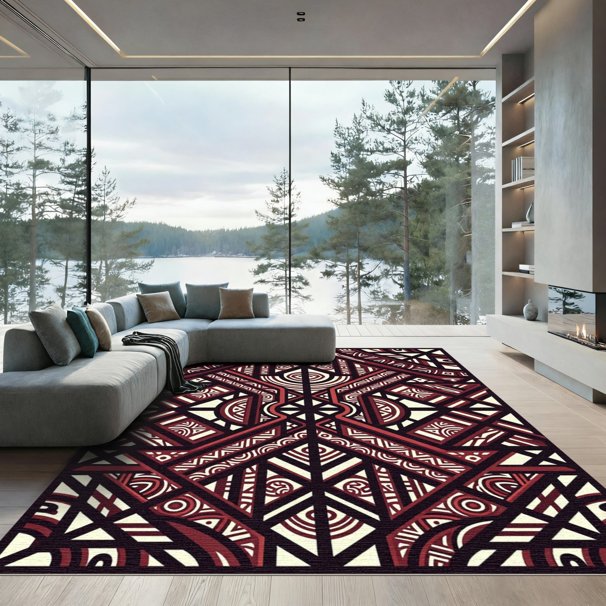Geometric Maroon Ivory Tribal Art Rug
