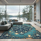 Ornate Teal Star Shell Damask Medallion Rug
