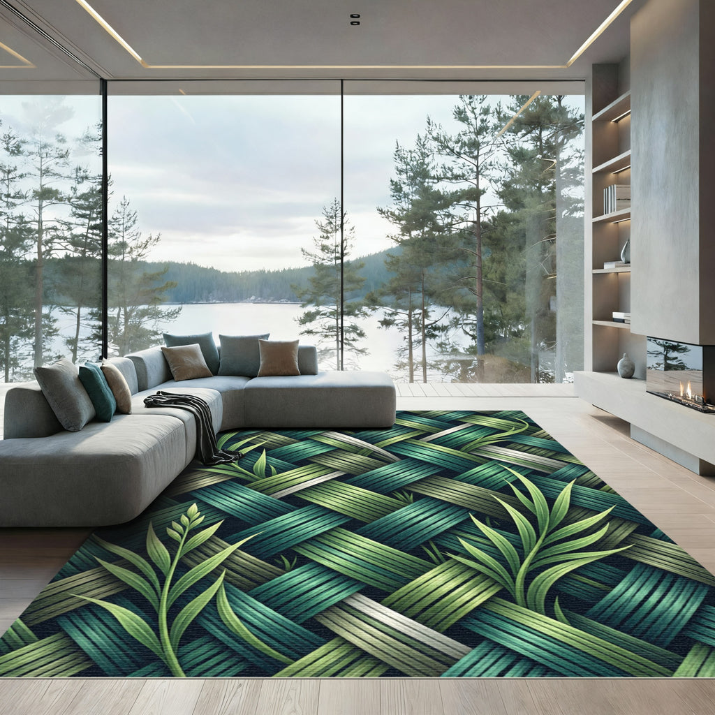 Woven Green Tropical Leaf Blend Rug