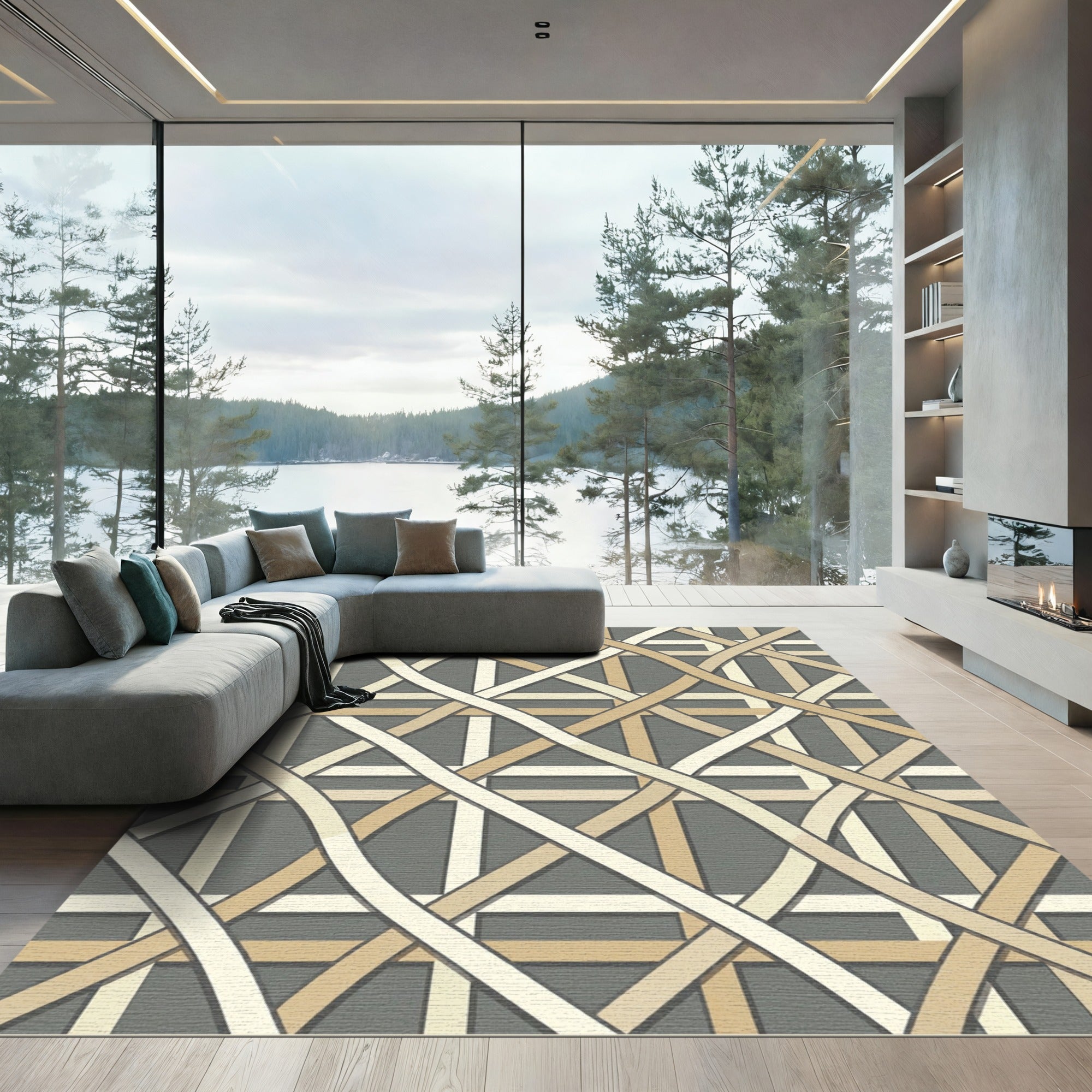 Contemporary Beige Cream Woven Grid Rug