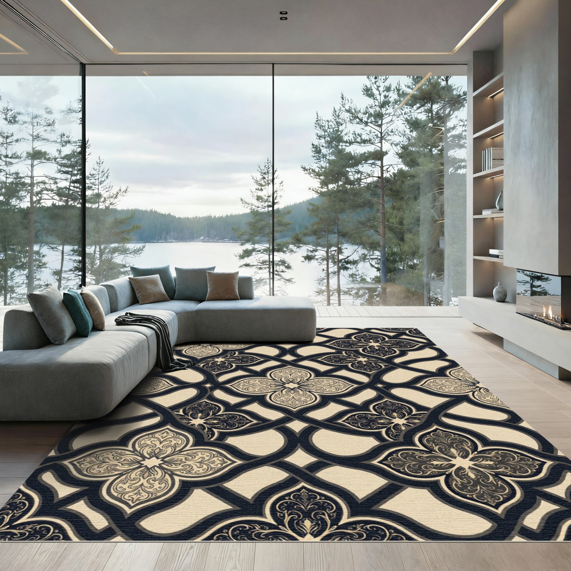 Elegant Black and Cream Filigree Trellis Rug