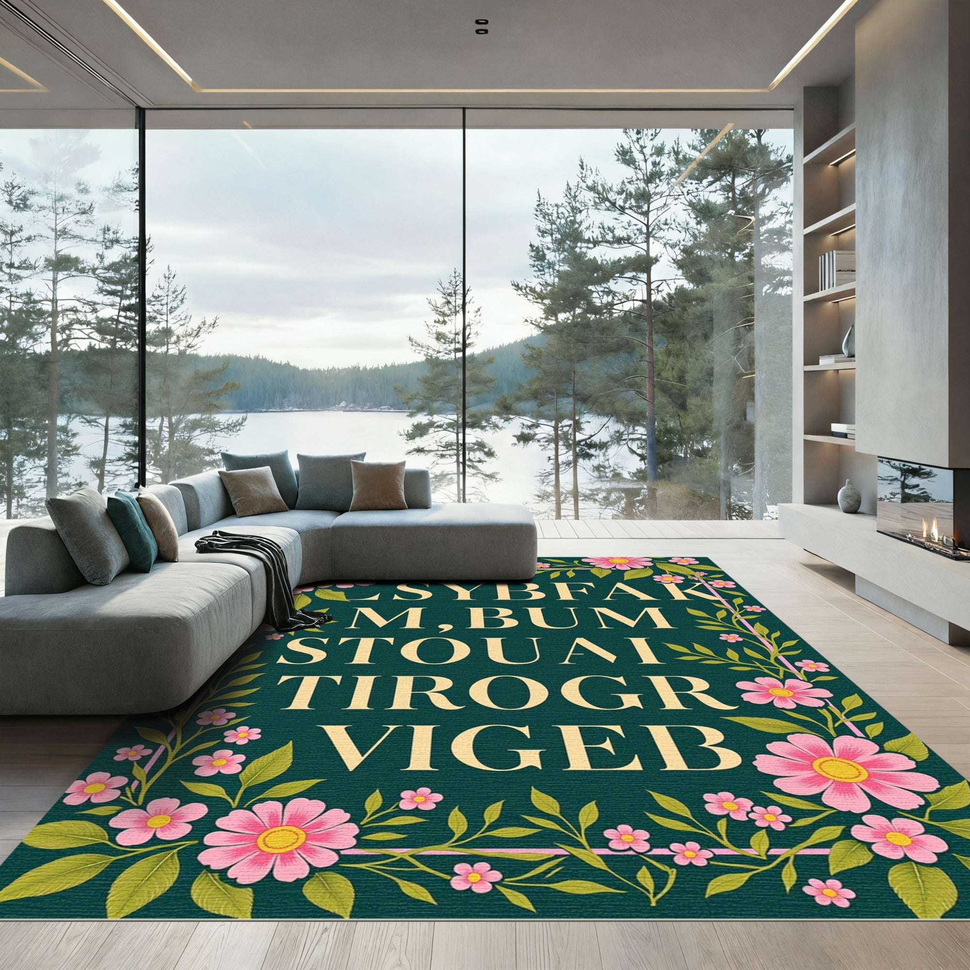 Pink Floral Swirls Dark Teal Rug
