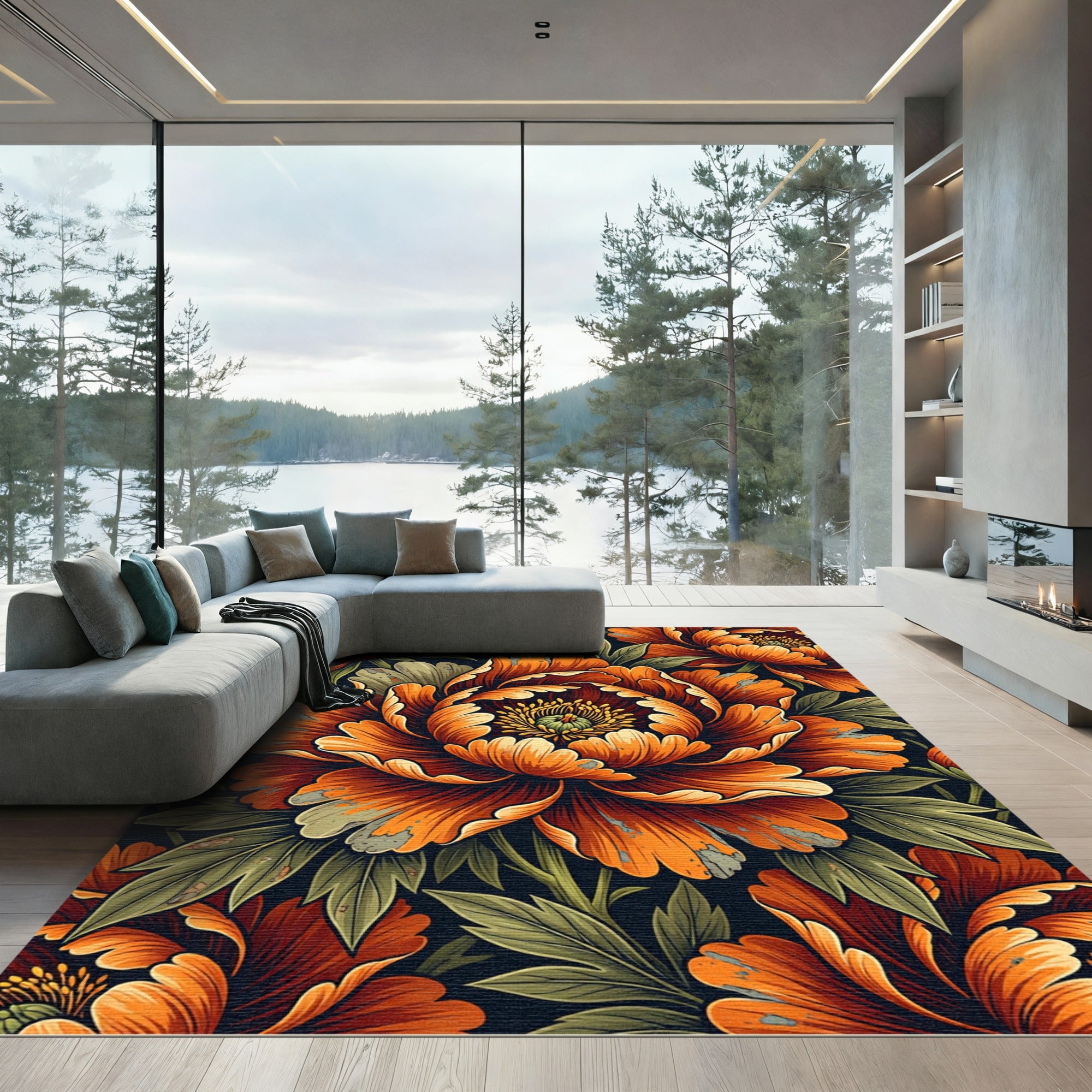 Dramatic Amber Peony Botanical Art Rug