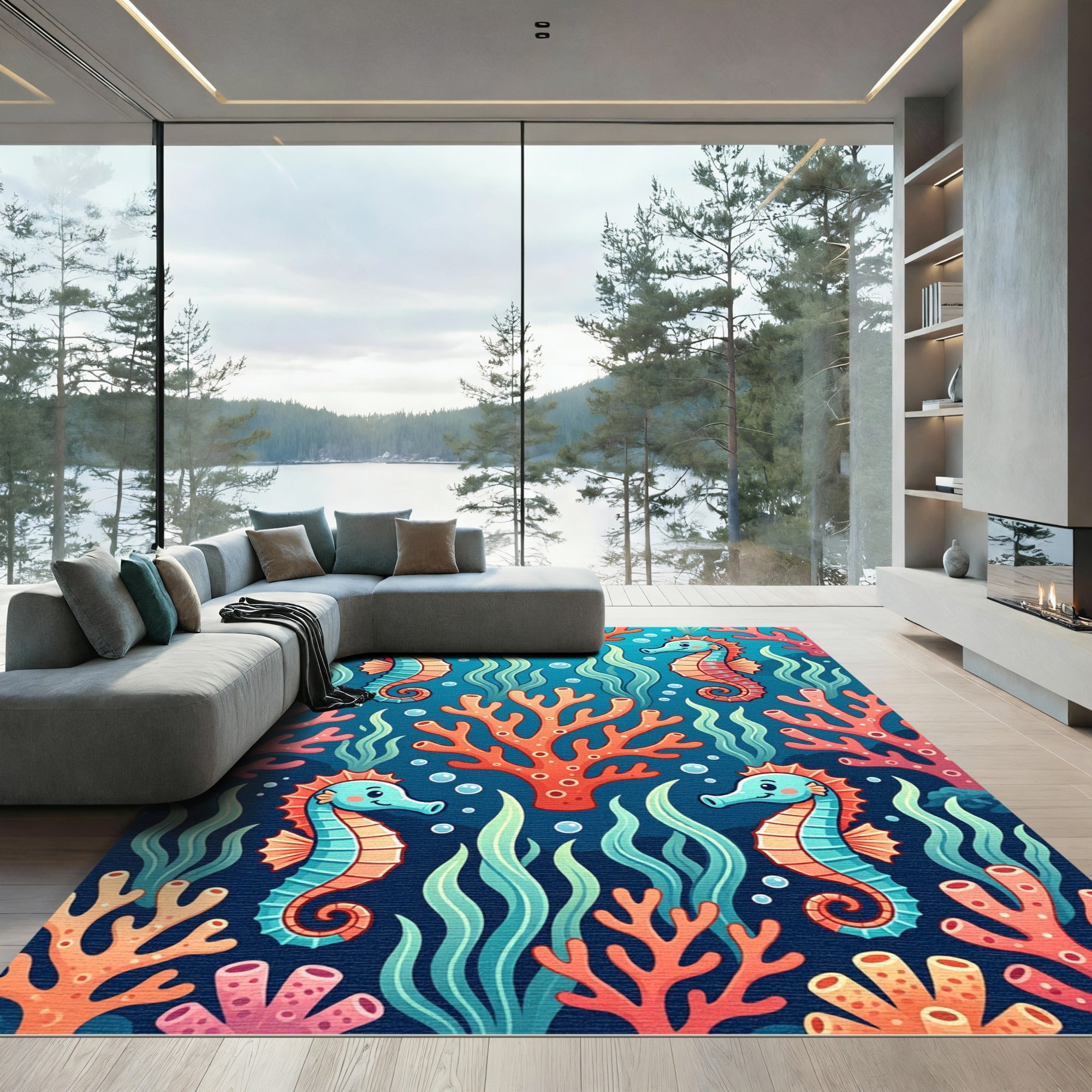 Cute Seahorse and Vibrant Coral Reef Rug