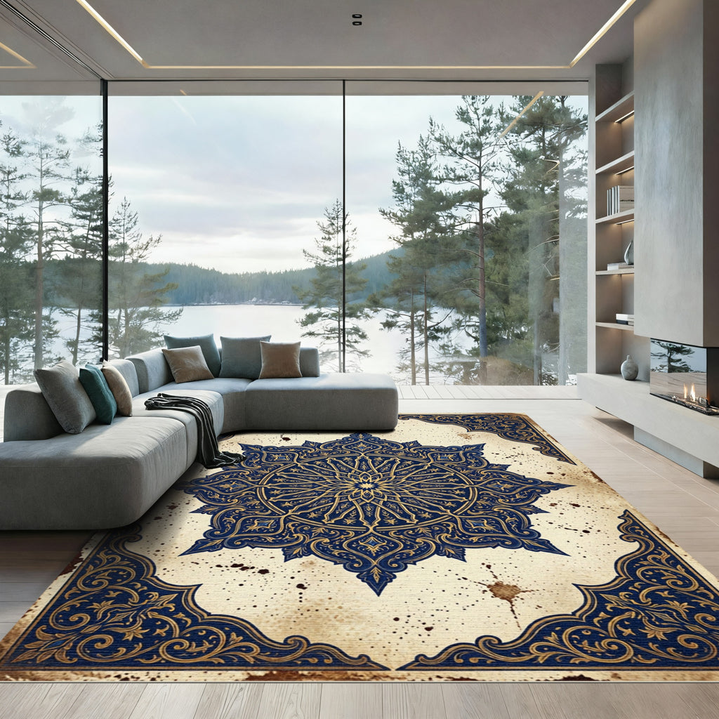 Royal Blue Golden Medallion Arch Rug