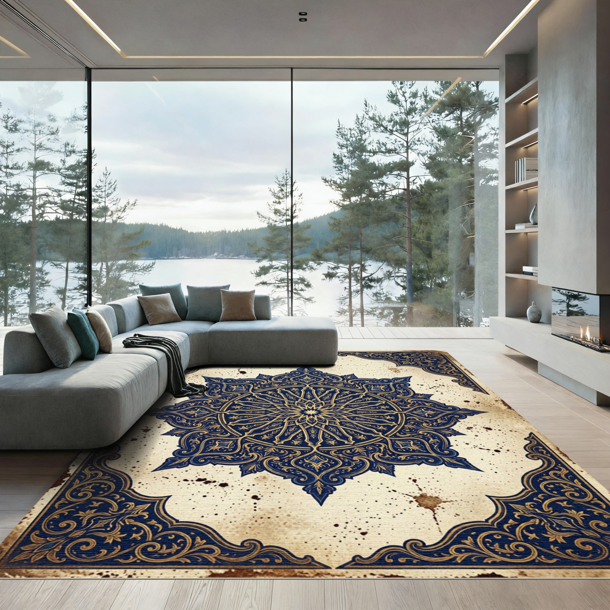 Royal Blue Golden Medallion Arch Rug