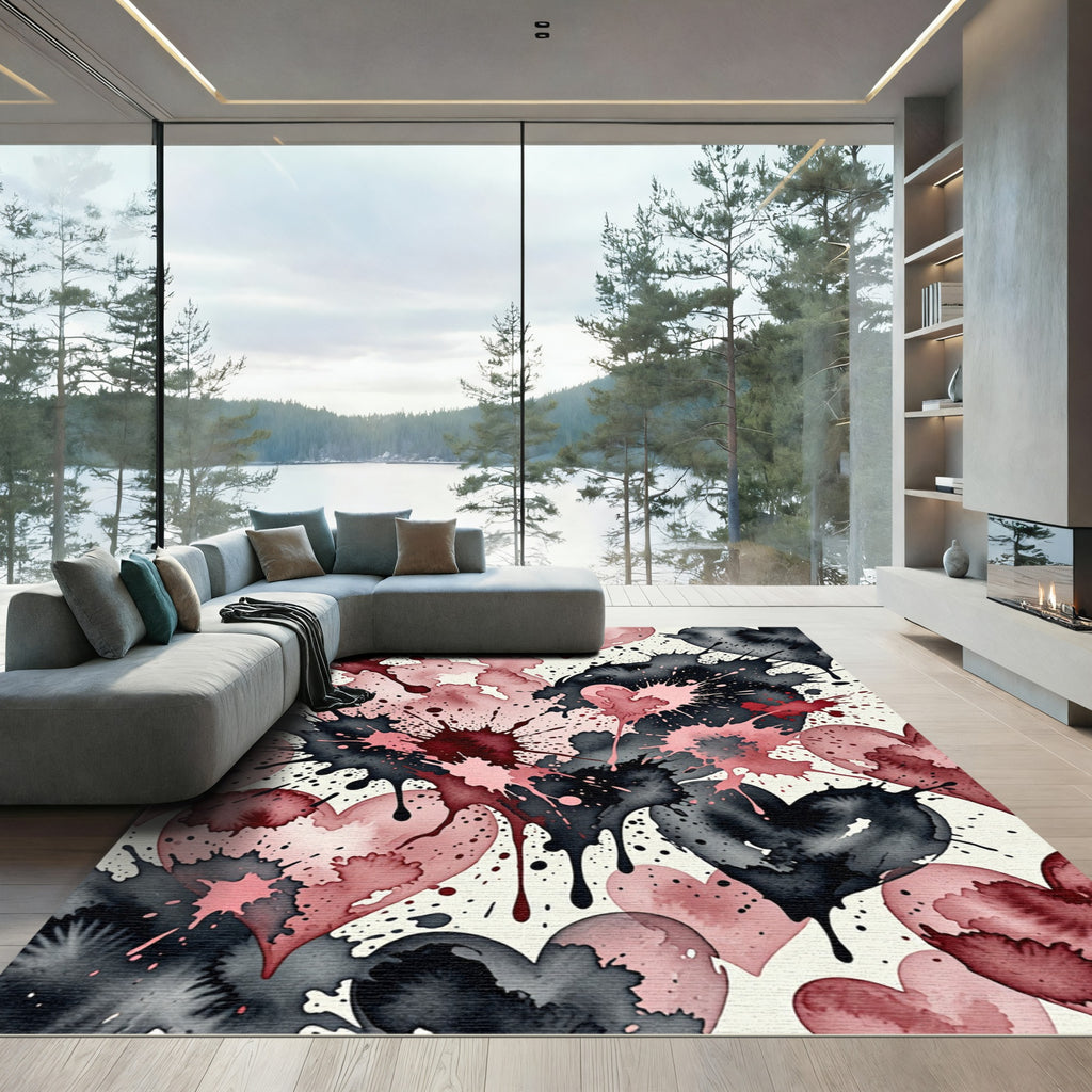 Crimson Blush Splatter Hearts Rug