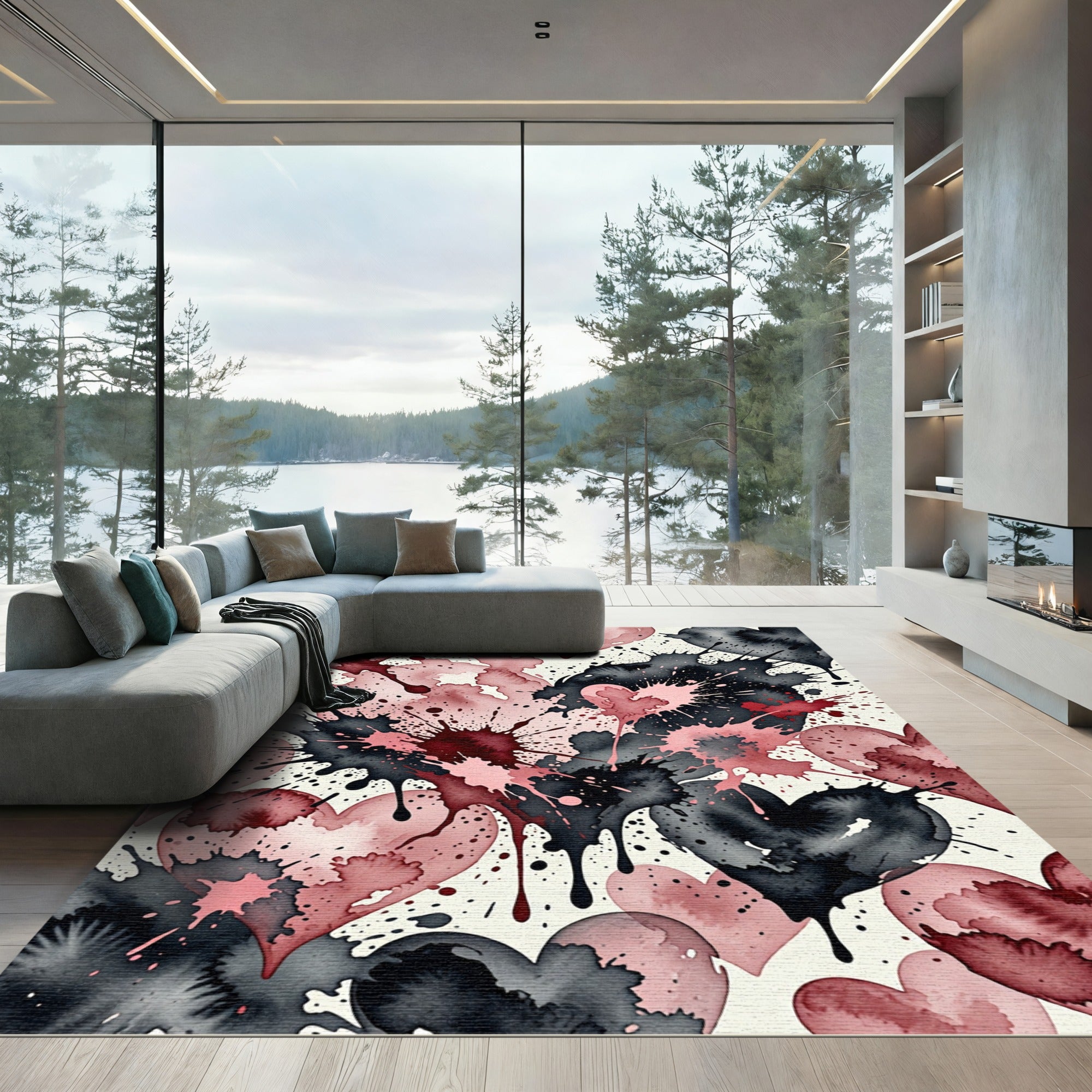 Crimson Blush Splatter Hearts Rug