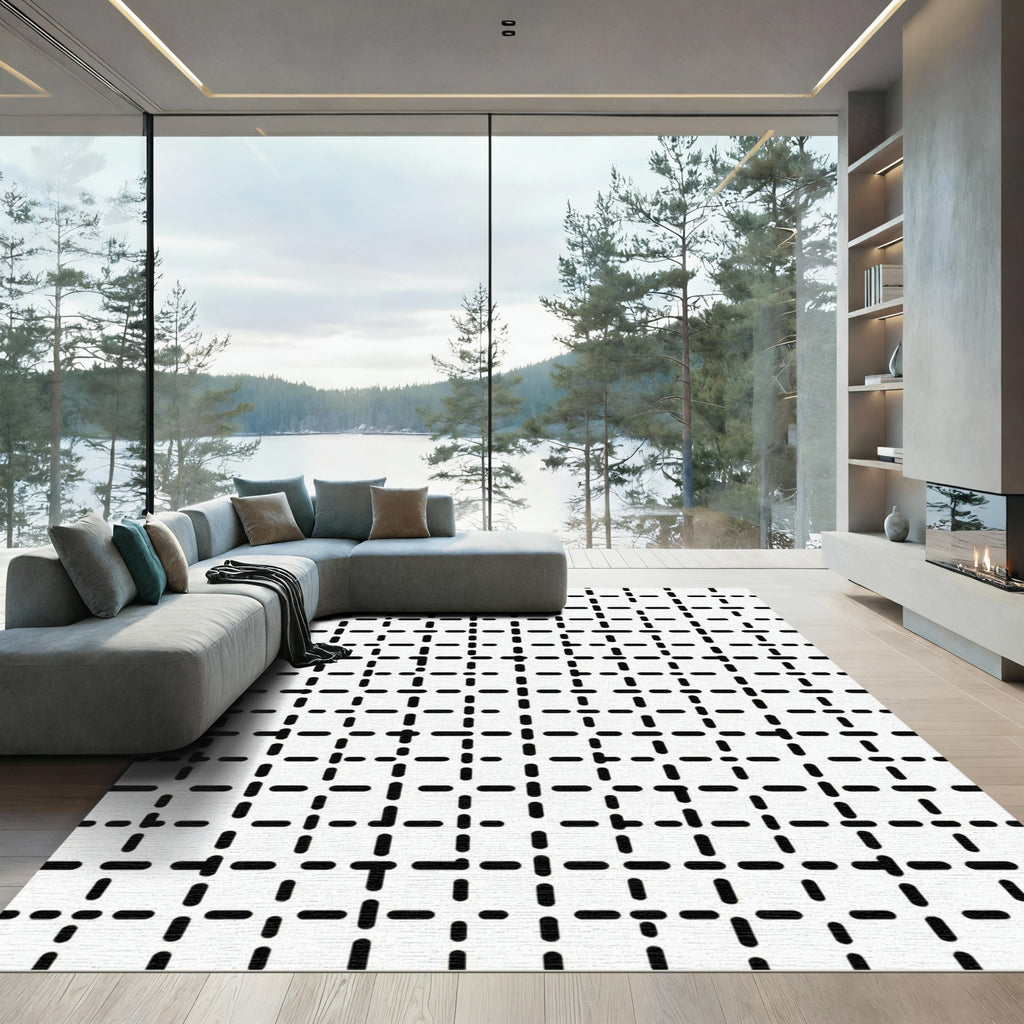 Modern Black White Grid Rug