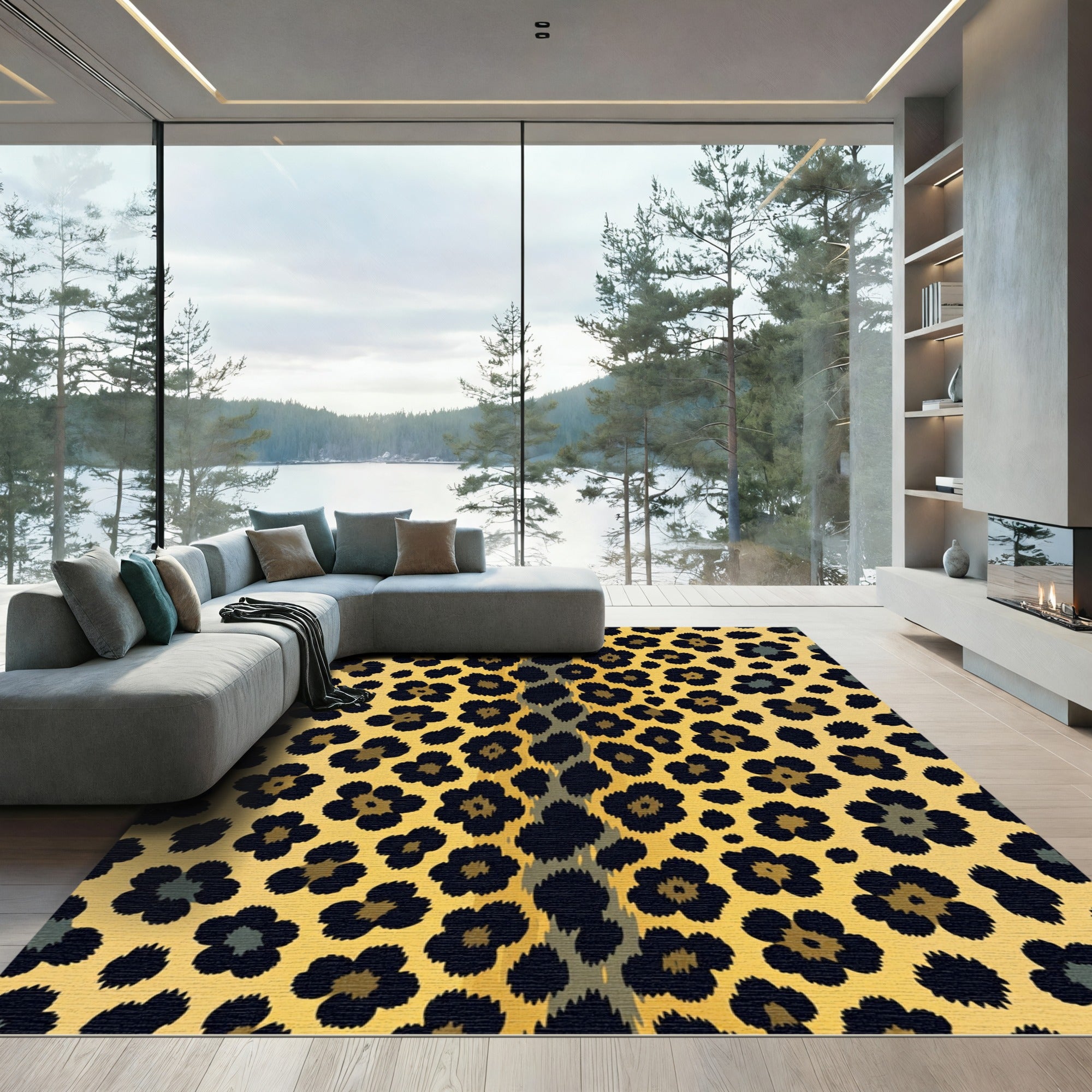 Golden Leopard Floral Spot Rug
