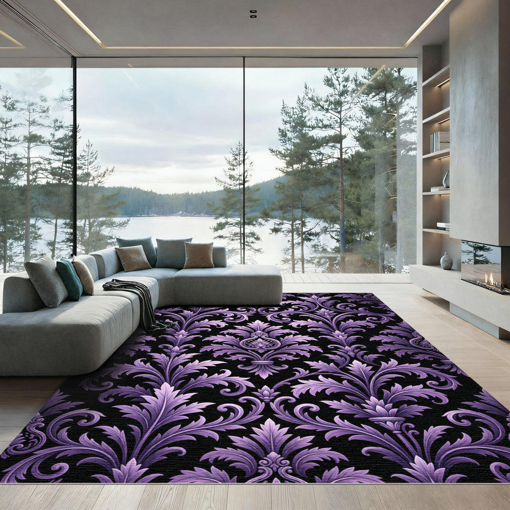 Ornate Purple Damask Floral Scroll Rug