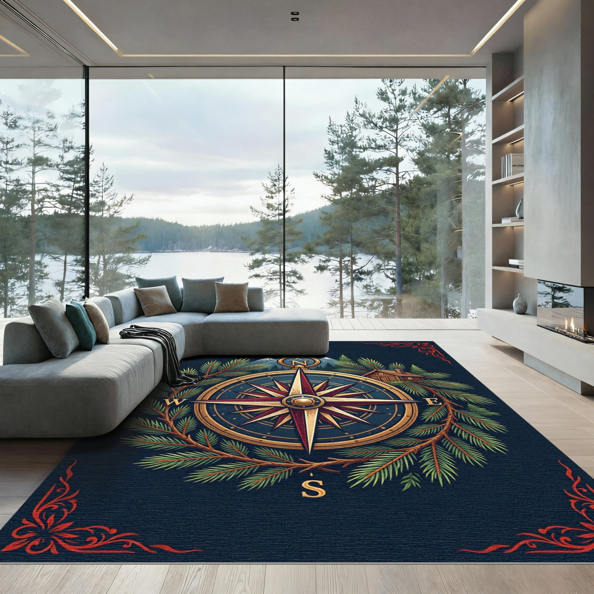 Vintage Alpine Compass Forest Wreath Rug