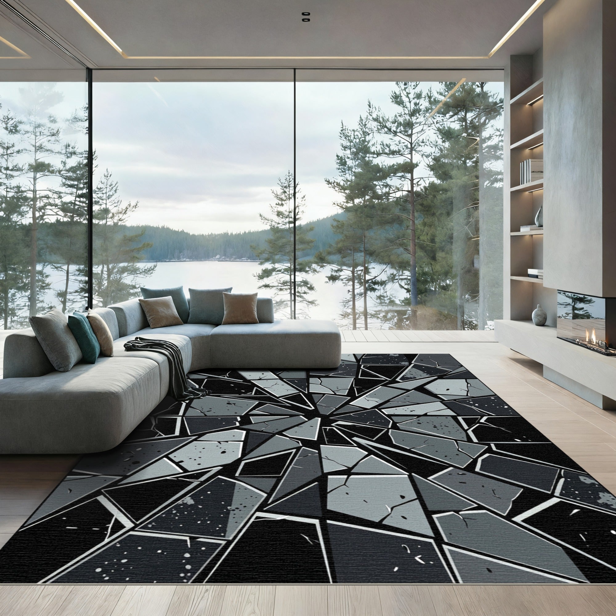 Monochromatic Shattered Glass Geometric Area Rug