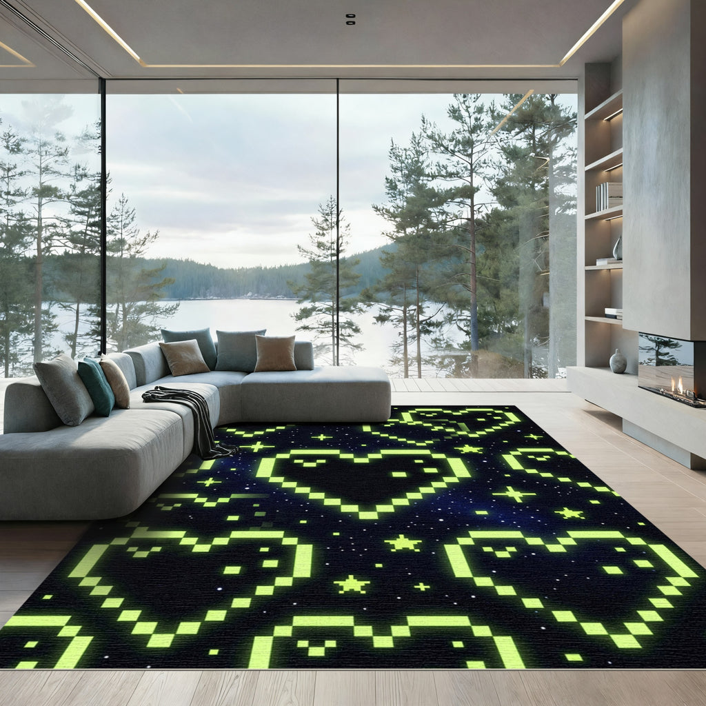 Neon Green Pixel Heart Cosmic Sky Rug
