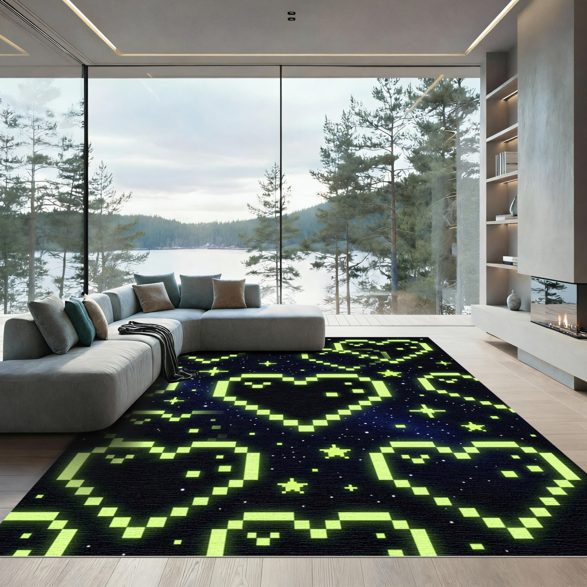 Neon Green Pixel Heart Cosmic Sky Rug