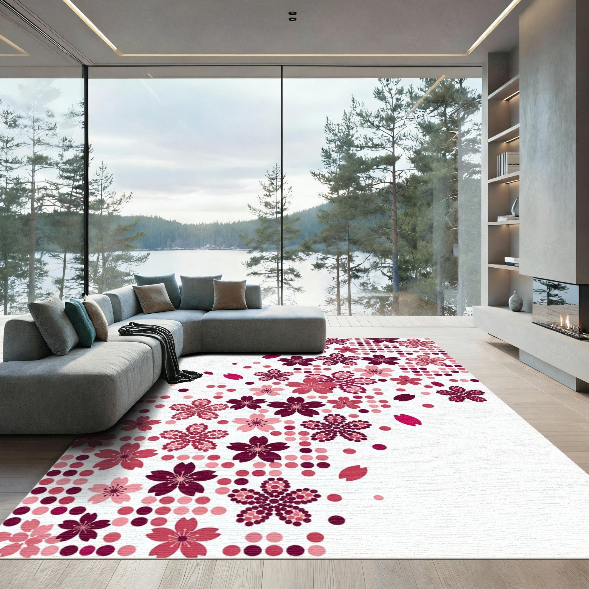 Crimson Pink Cherry Blossoms Scattered Dots Rug