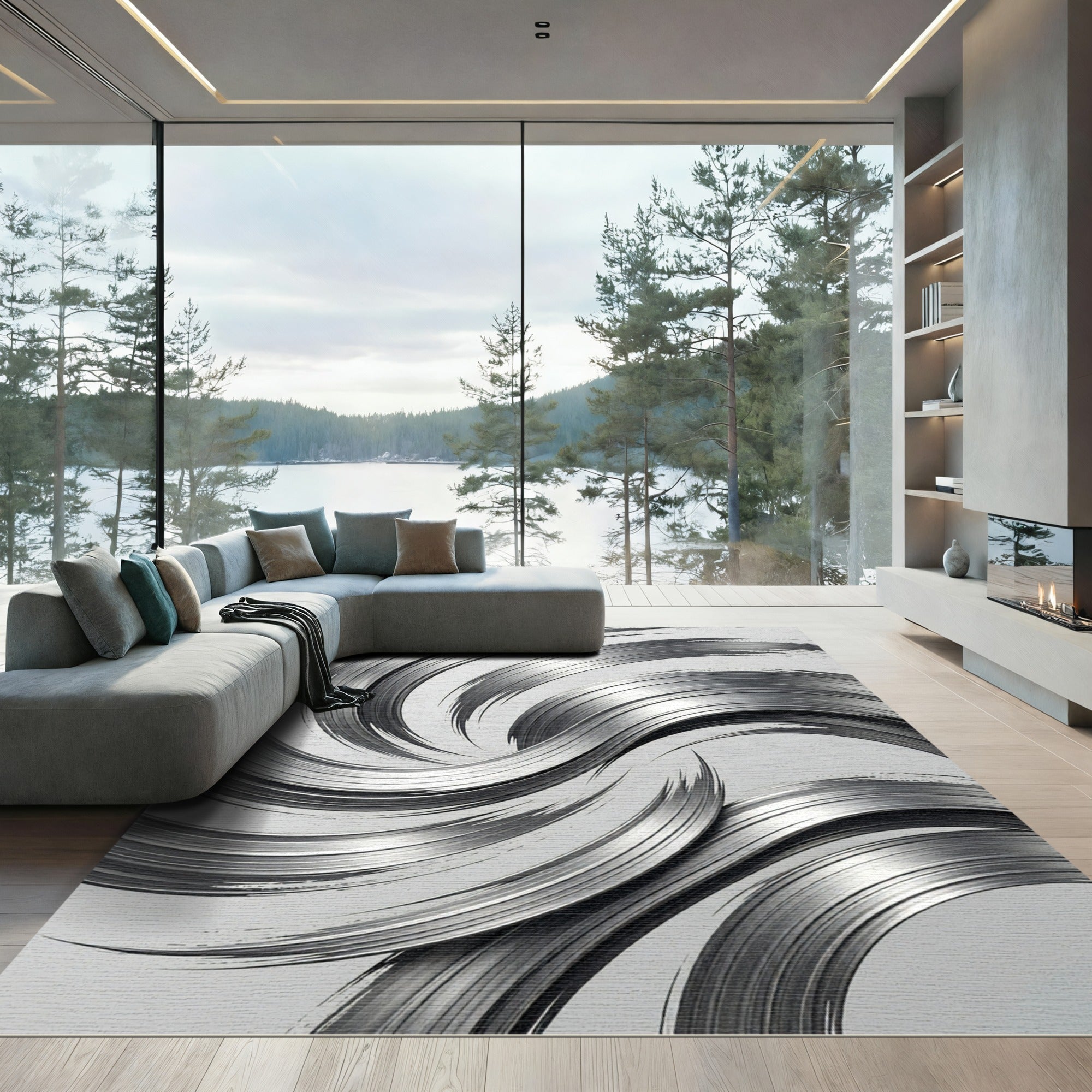 Modern Metallic Silver Abstract Swirl Rug
