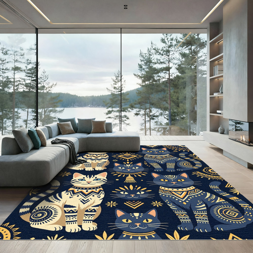 Midnight Navy Golden Folk Cat Art Rug