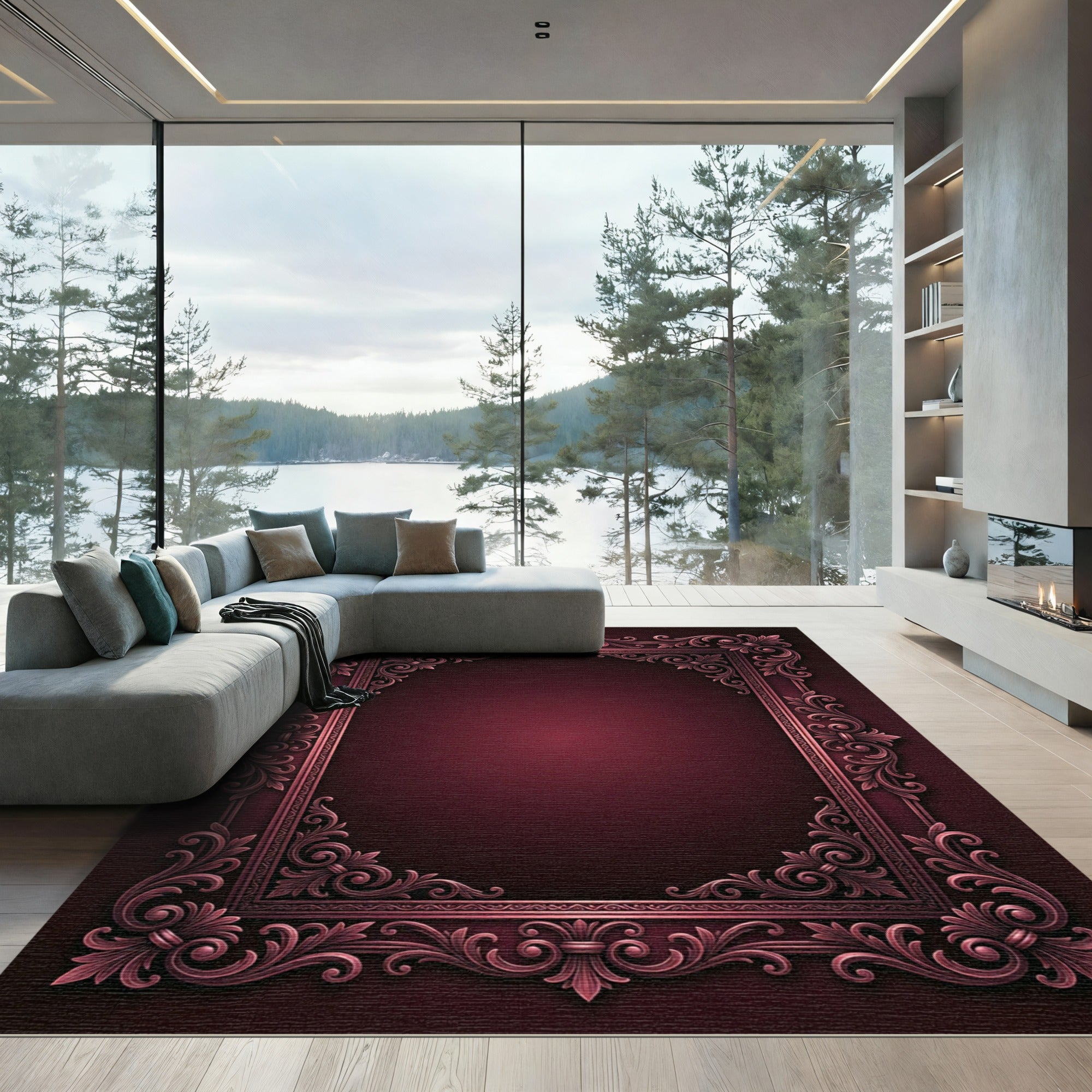 Ornate Crimson Acanthus Scroll Frame Rug