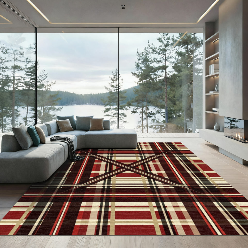 Crimson Tan Plaid Intersecting Lines Rug