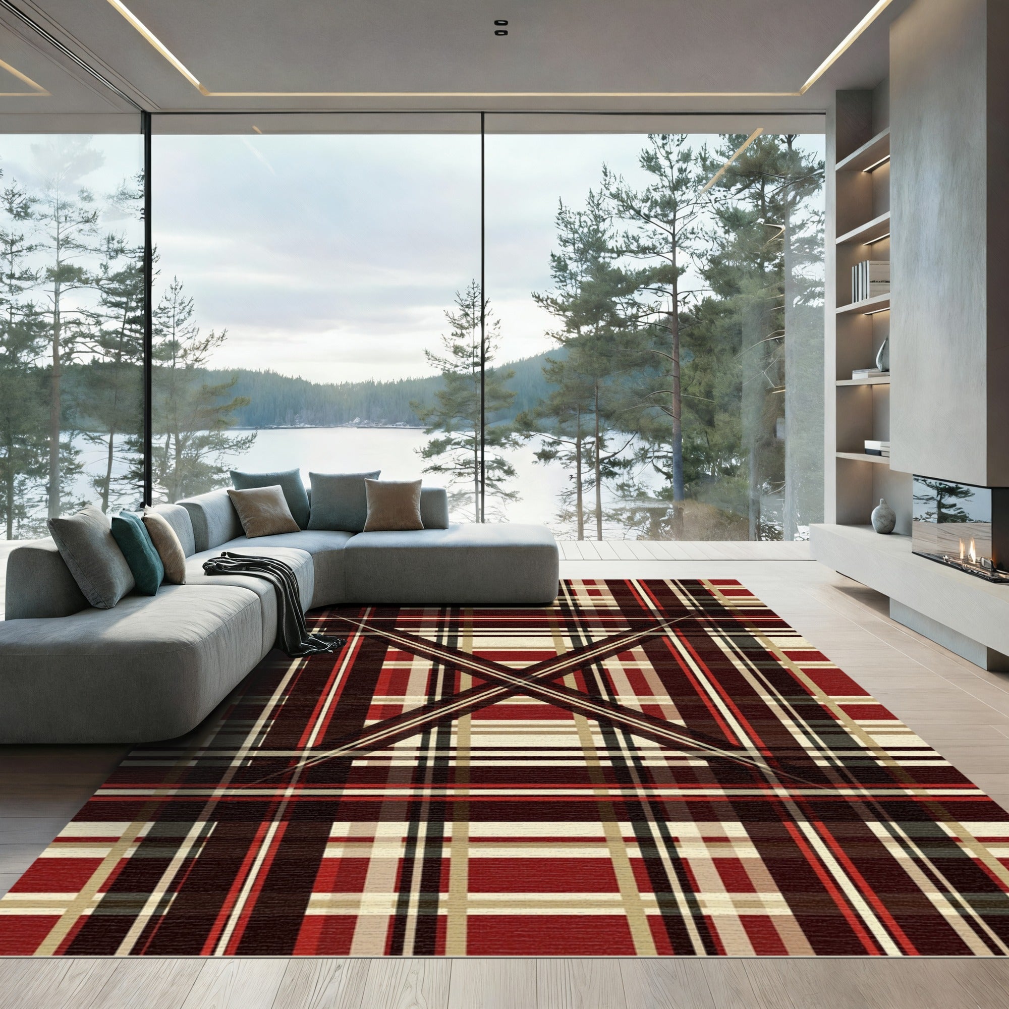 Crimson Tan Plaid Intersecting Lines Rug