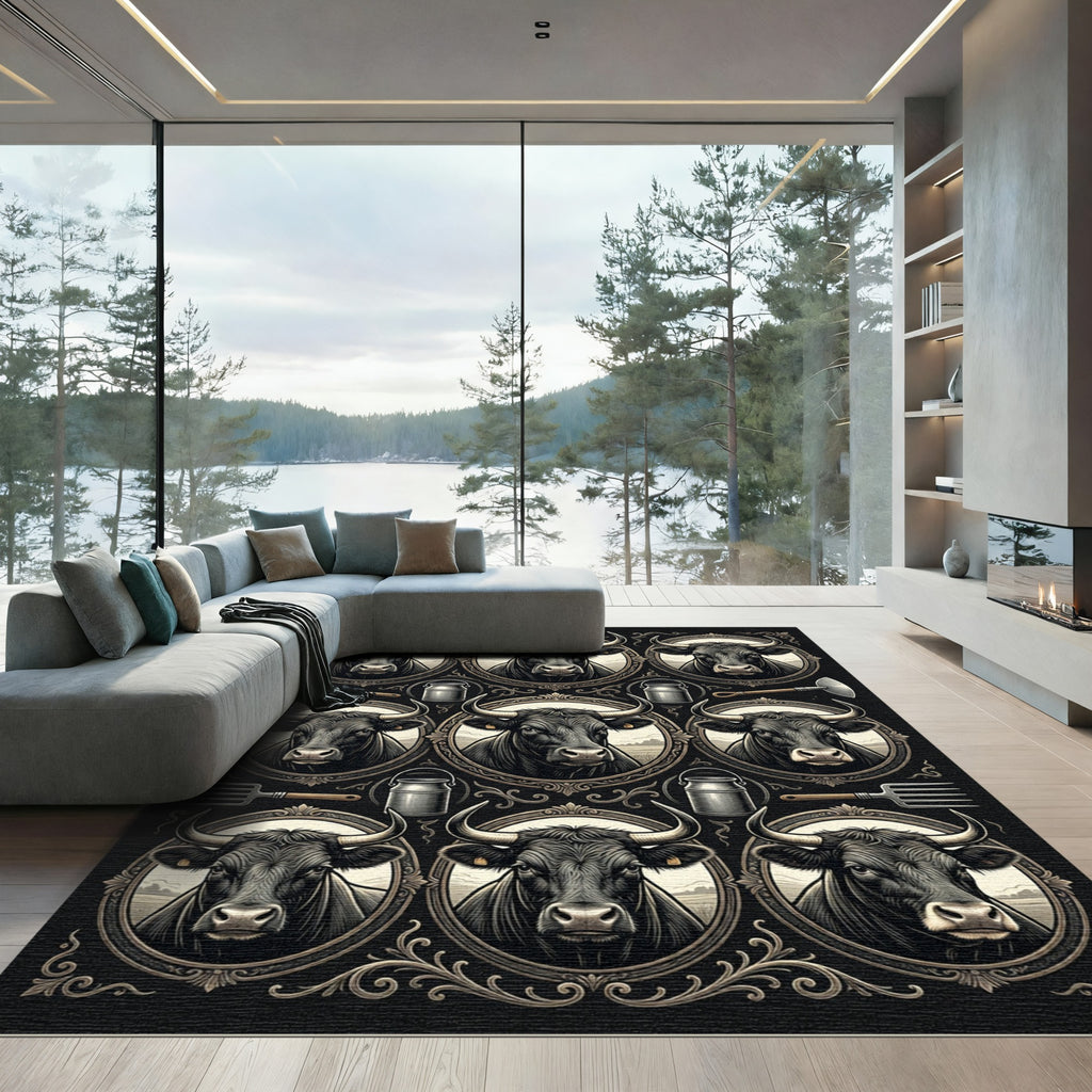 Rustic Black Bull Farmhouse Frame Rug