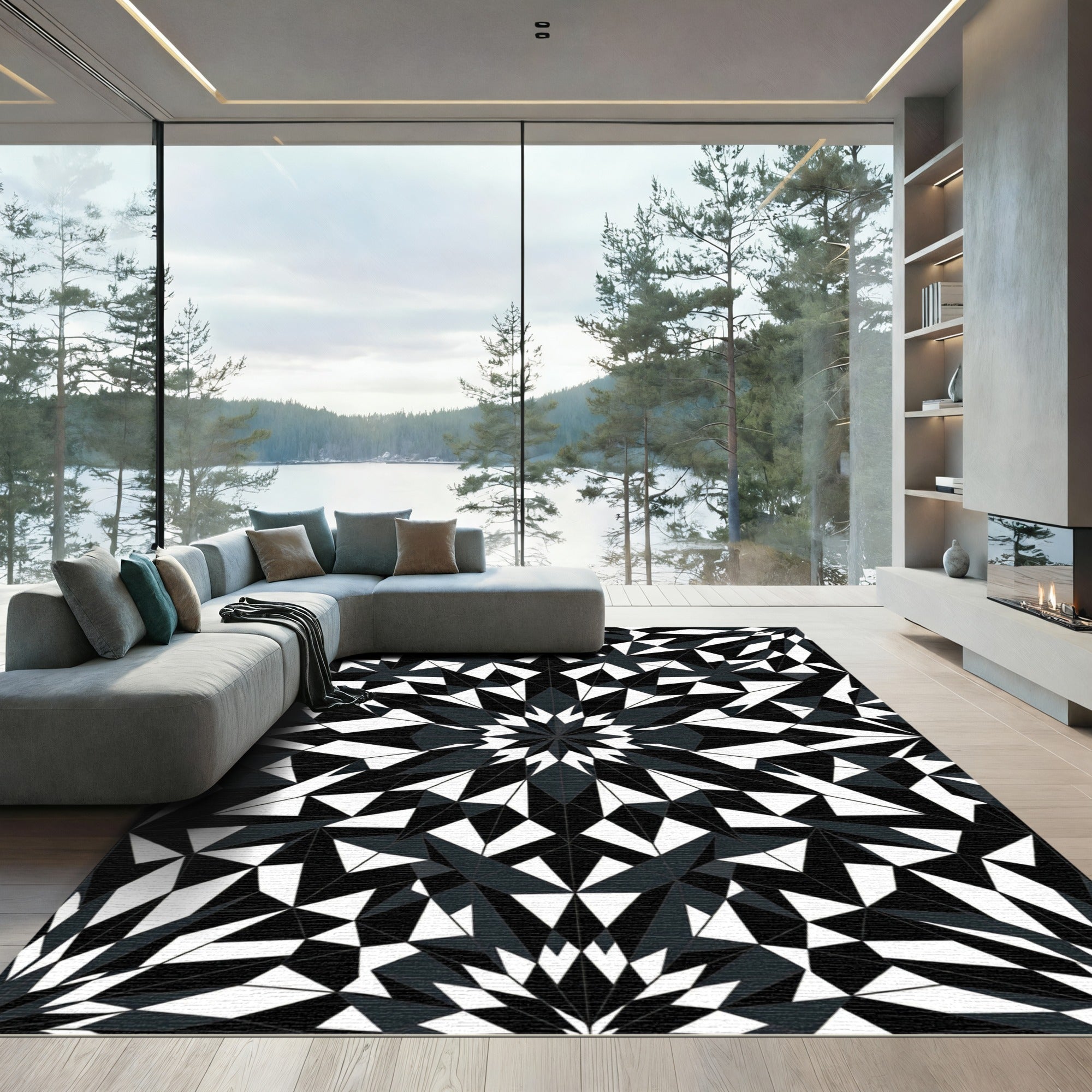 Monochromatic Geometric Starburst Mandala Rug