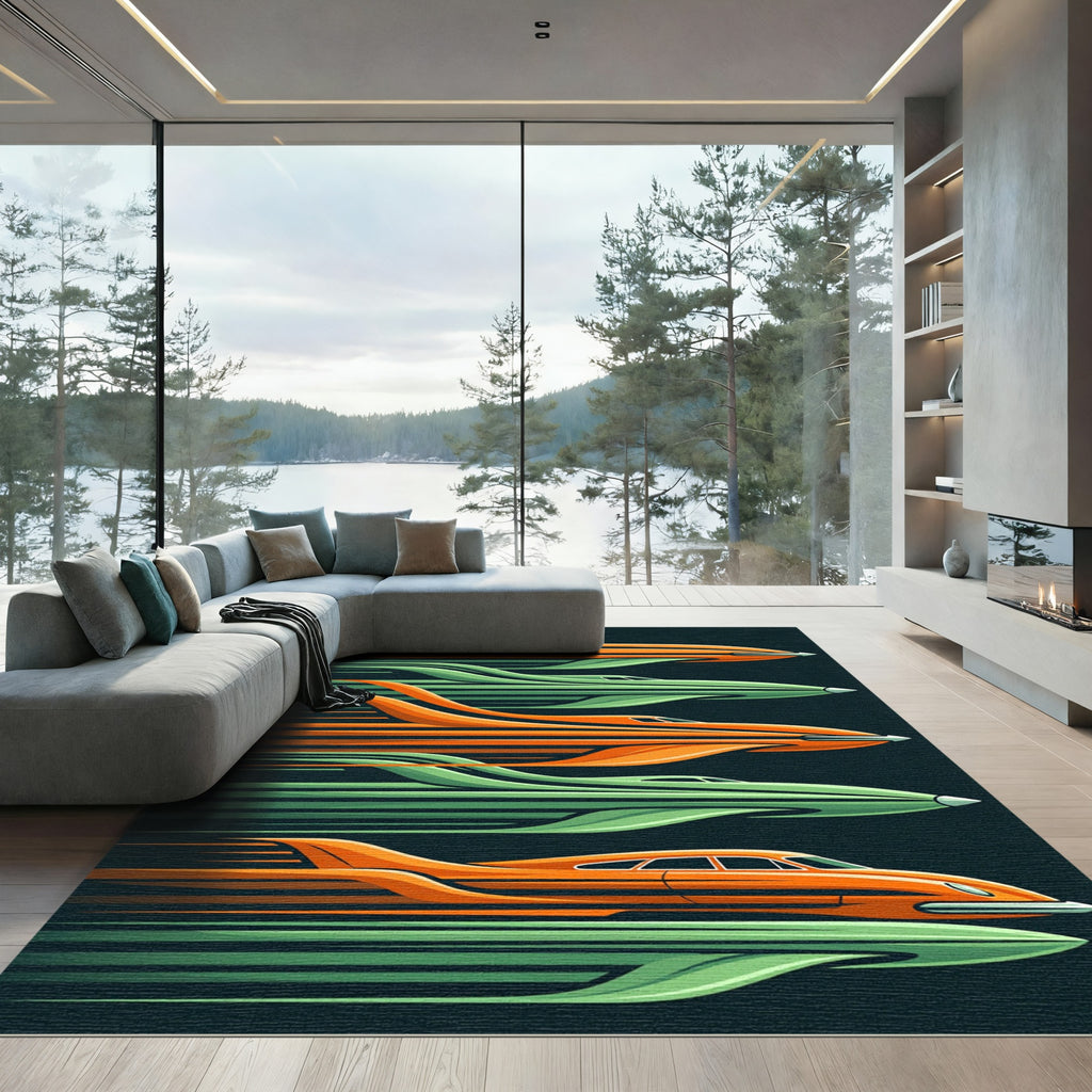 Midcentury Orange Green Kinetic Streamline Rug