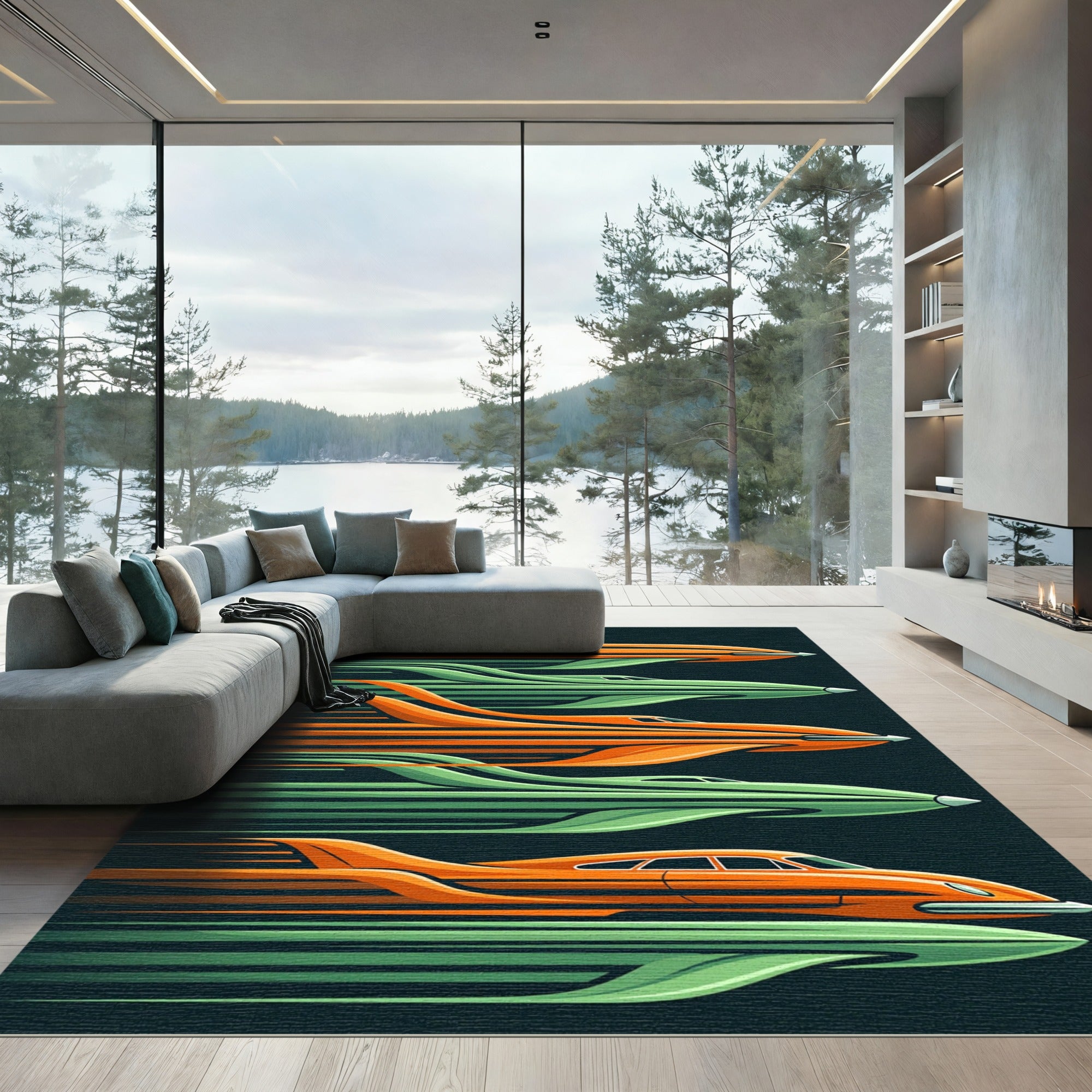 Midcentury Orange Green Kinetic Streamline Rug