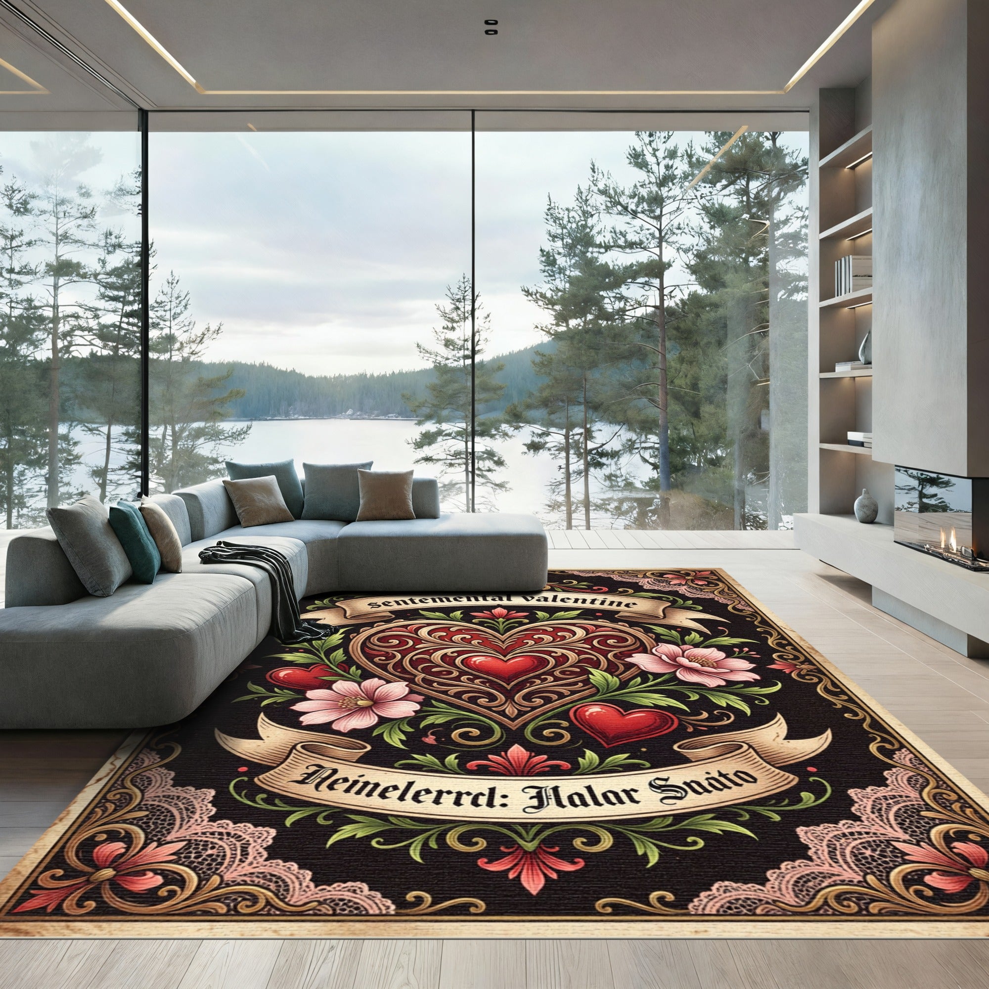 Ornate Red Hearts Pink Flowers Lace Rug