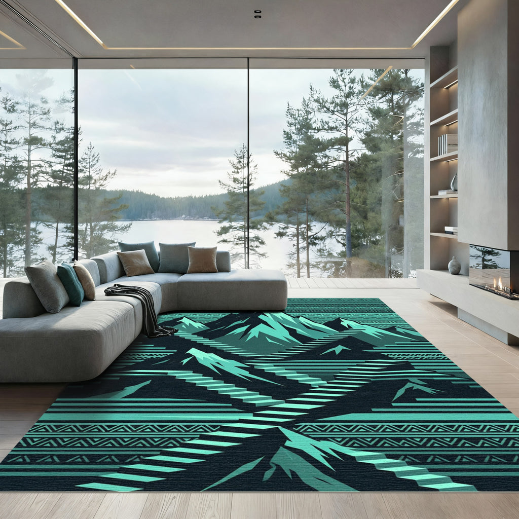 Teal Geometric Mountain Stairway Rug