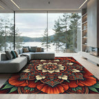 Vibrant Red Orange Floral Mandala Rug