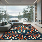 Vibrant Orange Floral Navy Swirls Rug