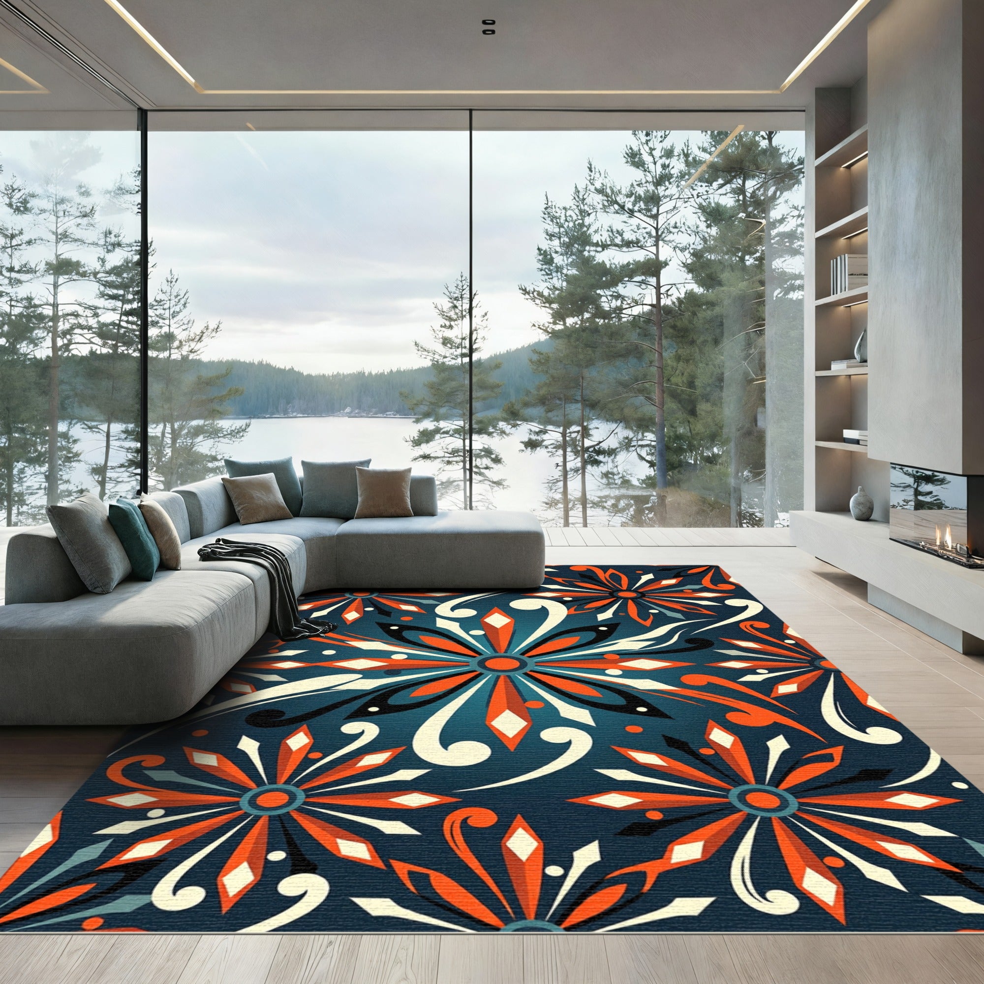 Vibrant Orange Floral Navy Swirls Rug