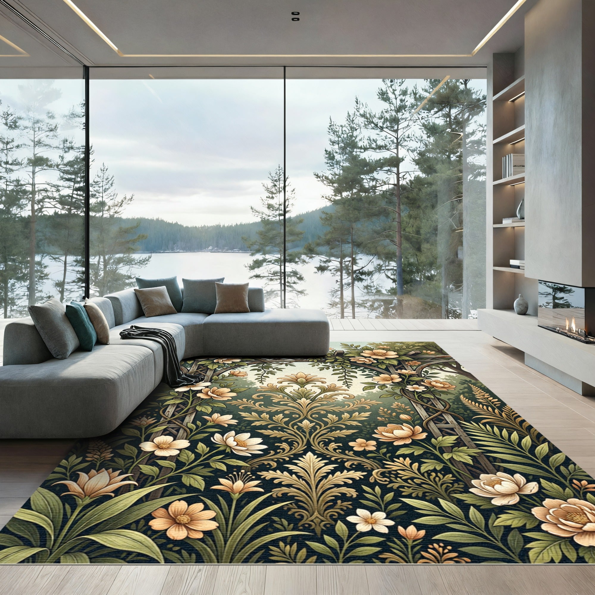 Elegant Golden Floral Arch Gate Art Rug