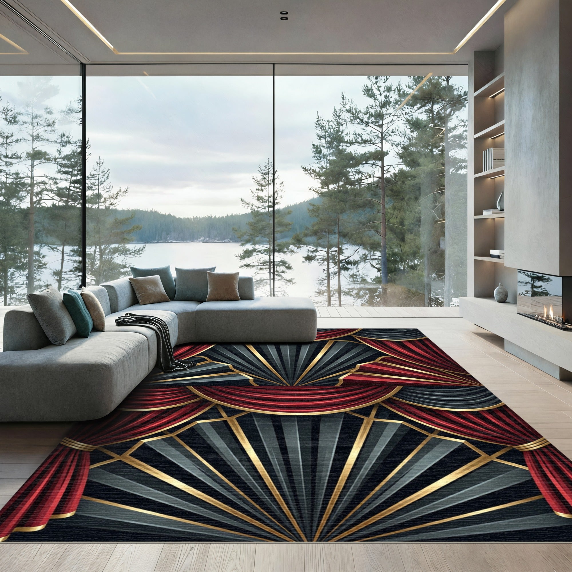 Art Deco Crimson Black Fan Rug