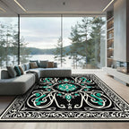 Black Cream Teal Arabesque Scroll Rug