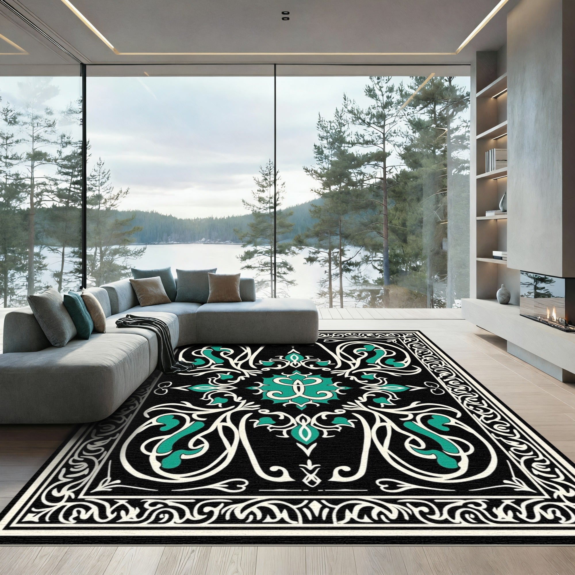 Black Cream Teal Arabesque Scroll Rug