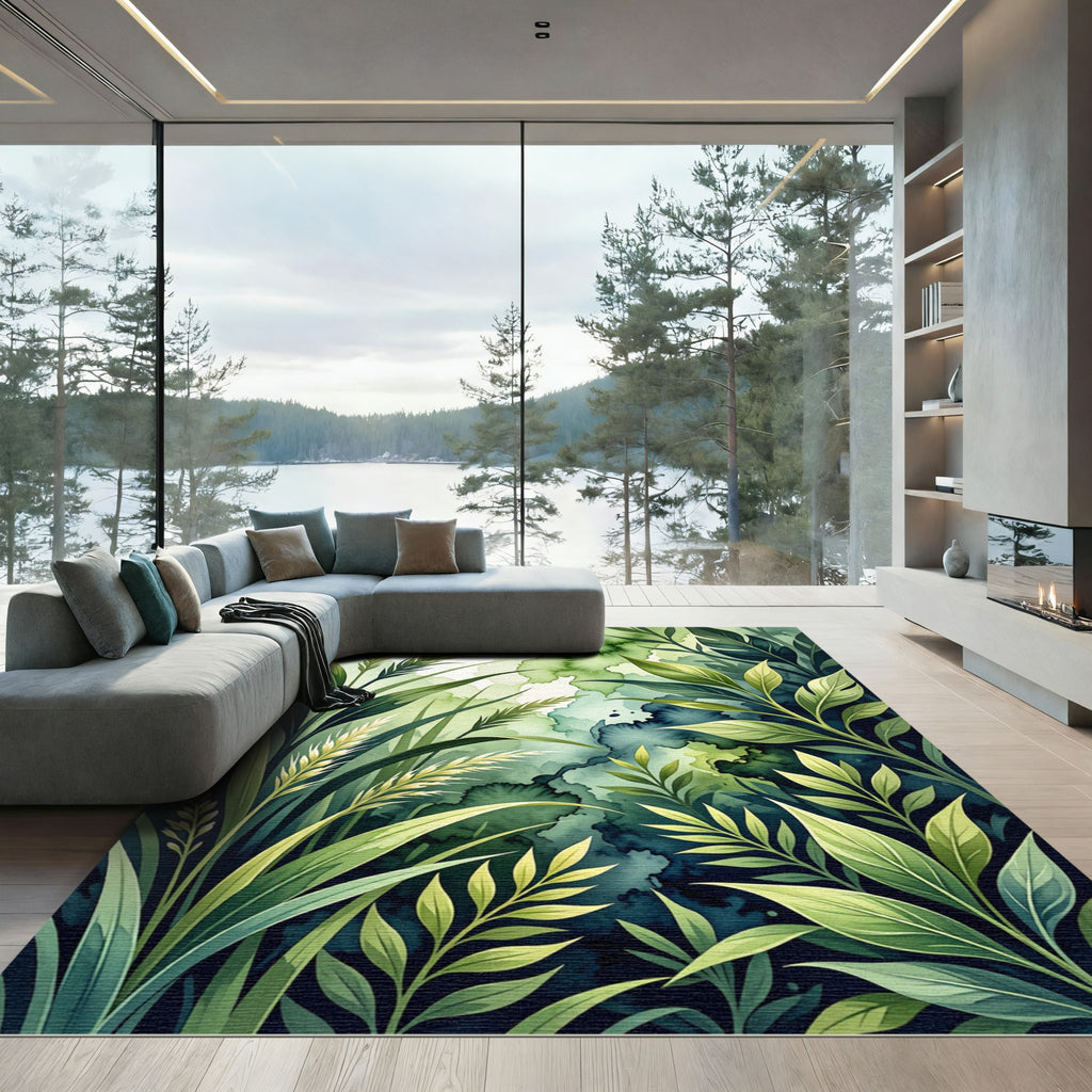 Verdant Lush Green Botanical Watercolor Rug
